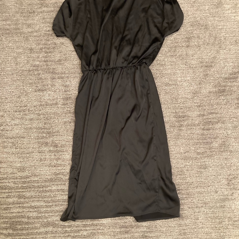 Black satin midi dress with slit